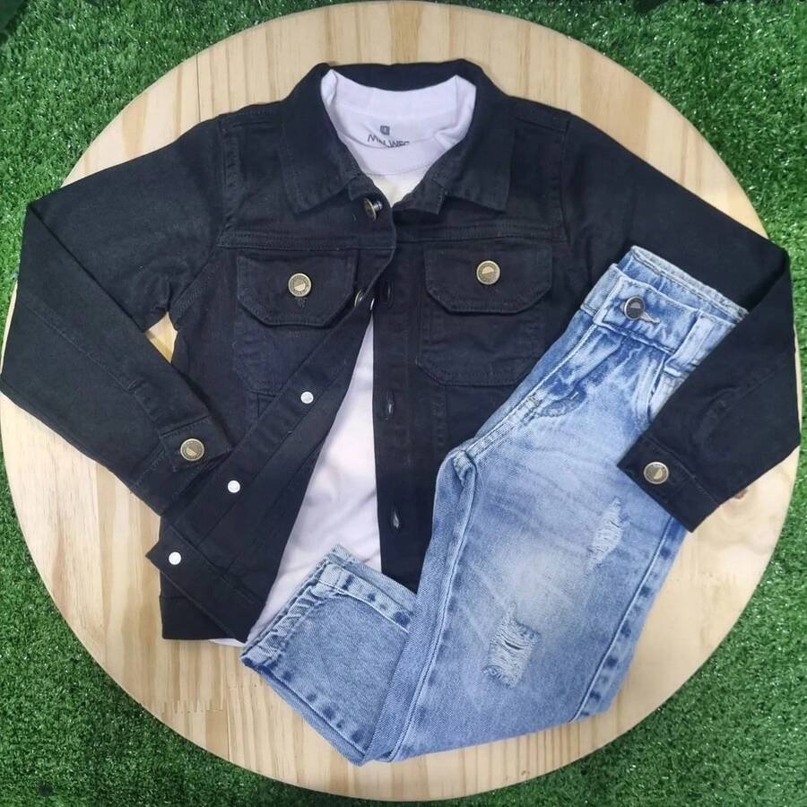 Jeans With White T-Shirt And Black Jacket For Kids - 黑與白 - 查看 1