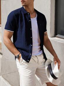 Men's Short-Sleeved Casual Knitted Textured Button-Down Polo Shirt (With Pockets) Suitable For Daily Wear And Travel - 藏蓝色 - 查看 5