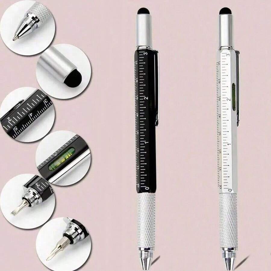 1pc 6-In-1 Metal Ballpoint Pen 1mm Blue Ink Black Multi-Functional Steel Pen, Multi-Functional Metal Ballpoint Pen, Stationery, Office Supplies,Tools For Men - Multicolor - View 1