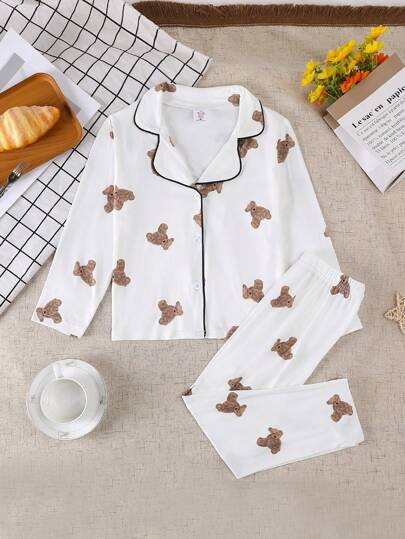 Young Girl Cool Bear Print Long Sleeve Top And Pants Pajama Set