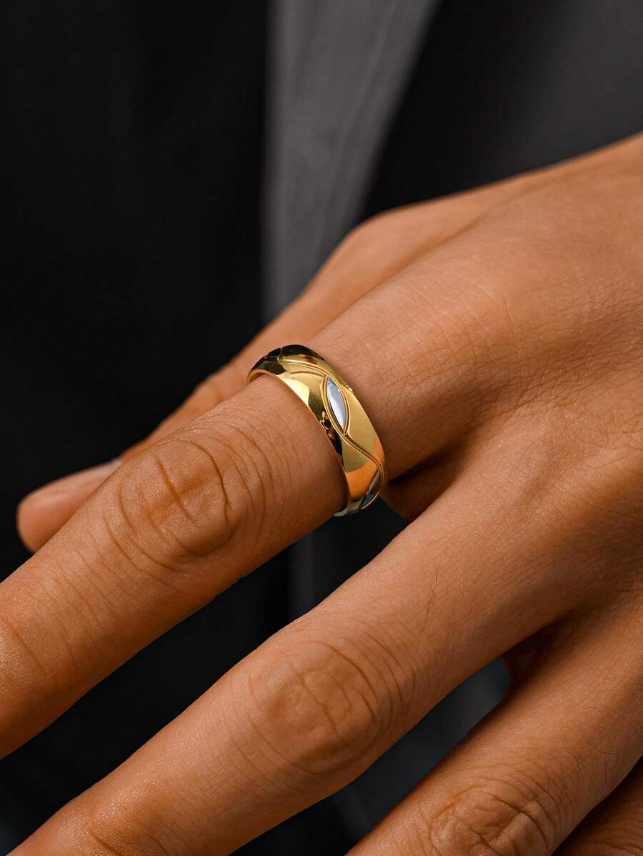 1pc 18K Gold Plated Stainless Steel Retro Leaf Wave Design Men's Rings Jewelry - Ring - View 1