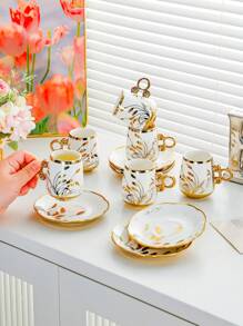 1pc Elegant 6 Cup 6 Dish Ceramic Coffee Mug And Saucer Set - Floral Design, Non-Slip, Insulated For Hot Drinks, Perfect For Families, Weddings, Tea Parties - Small Mugs And Saucers, Perfect For Coffee, Tea, Espresso - Gold - View 9