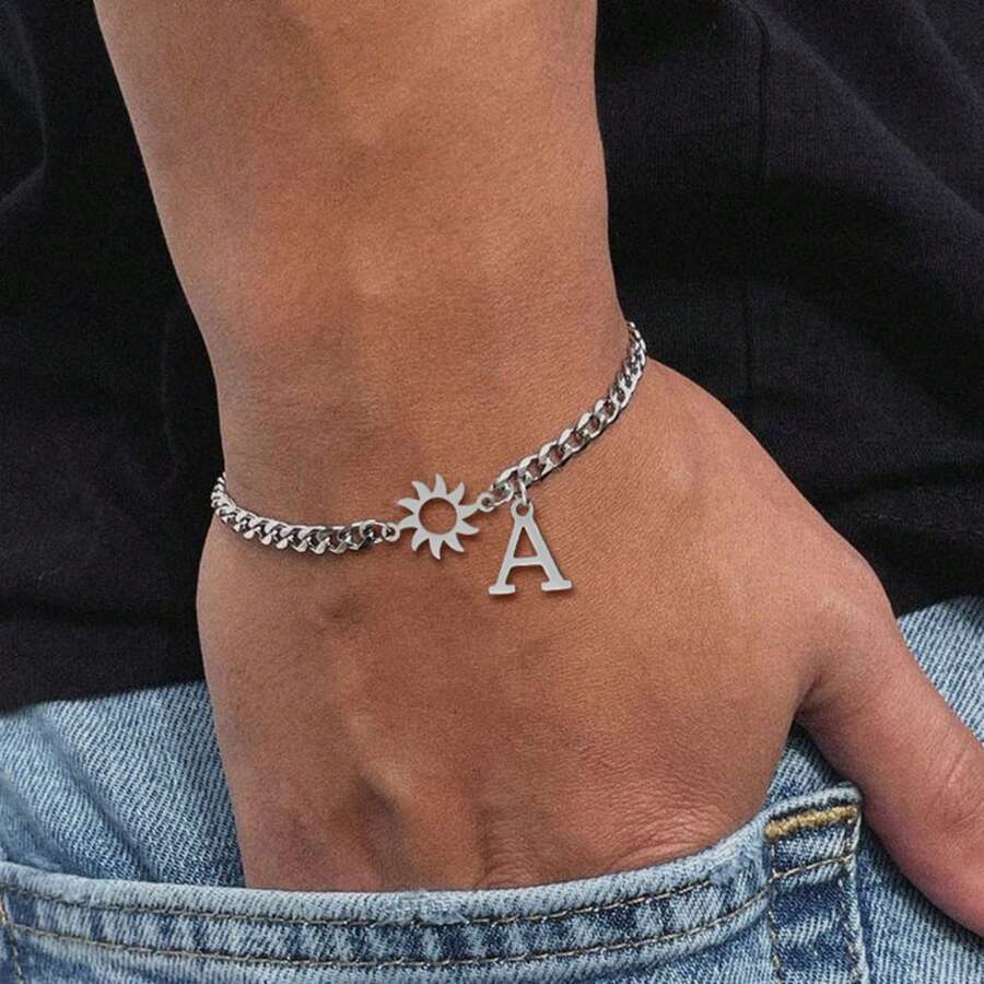 1pc New Fashion Silvery Initial Sun Pendants Stainless Steel Chain Bracelet For Men - Silver - View 1