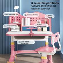 Kids Functional Desk Chair Set, Height Adjustable Children School Study Desk With Castle Backboard, Widened Desktop, Bookstand And Storage Drawer - Pink - View 4