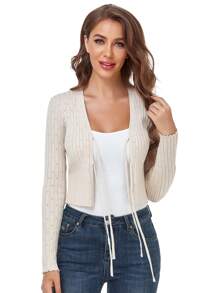Chaqueta corta de mujer informal de cuello en V de punto con lazo, abierta al frente, tipo chaqueta - Albaricoque - Ver 1