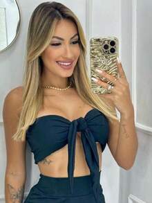 2-In-1 Tie-Up Wrap Top With Cross-Back Bra Bandage Top Fashion Blogger Party - 黑色 - 查看 1