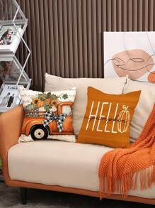 1pc/4pcs Autumn Thanksgiving Pumpkin & Letter Print Linen Throw Pillow Cover, 18*18 Inch/45x45cm, Home Decor, Bedroom, Sofa (Without Pillow Insert) - Multicolor - View 4