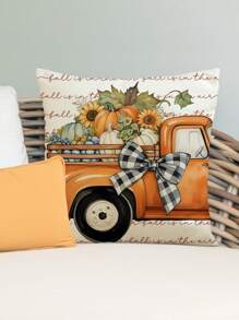 1pc/4pcs Autumn Thanksgiving Pumpkin & Letter Print Linen Throw Pillow Cover, 18*18 Inch/45x45cm, Home Decor, Bedroom, Sofa (Without Pillow Insert) - Multicolor - View 8