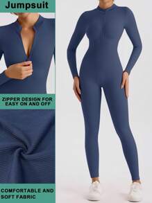 1pc Women Gym Training Jumpsuit | Seamless Long Sleeve Bodycon Yoga Playsuit High Stretch Shapewear Activewear Shapewear Bodysuit - Blue - View 1