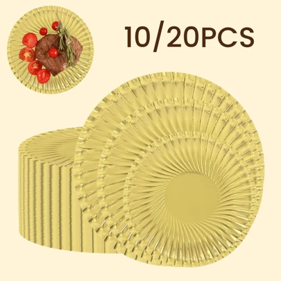 一次性金色纸盘，7/9/12英寸防水圆形螺旋图案蛋糕盘，散装，适用于派对用品、生日、婚礼、野餐、节日、圣诞派对、万圣节派对等场合，可用作装饰甜点盘、圣诞装饰品、圣诞礼物