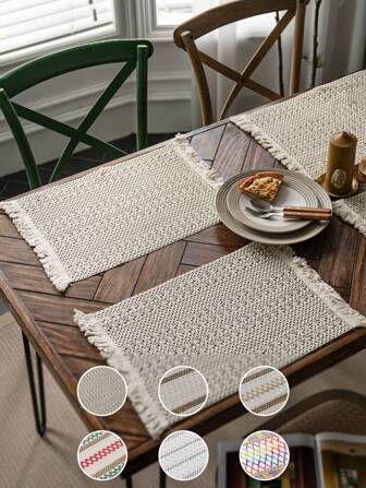 1pc/4pcs/6pcs Bohemian Style Linen Placemats With Jute Rope Braided Trim, Multi-Color Options, Multiple Styles & Quantities Available, Tassel Edged Beige Vintage Dining Tableware, Suitable For Restaurants, Kitchens, Christmas, Weddings, Parties, Coffee Tables