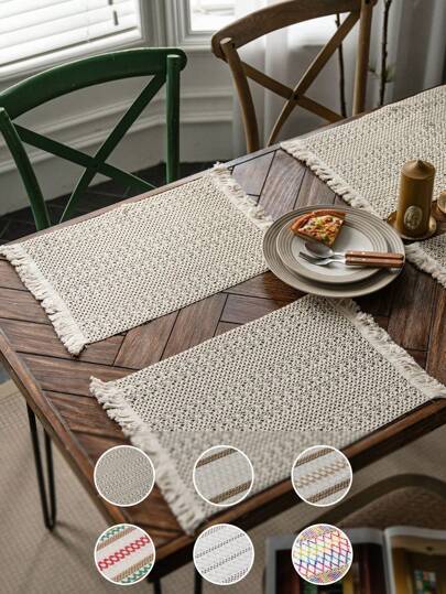 1 pieza/4 piezas/6 piezas Manteles individuales de estilo bohemio de lino con ribete trenzado de cuerda de yute, opciones de varios colores, múltiples estilos y cantidades disponibles, vajilla de comedor vintage beige con bordes con flecos, adecuada para restaurantes, cocinas, Navidad, bodas, fiestas, mesas de café