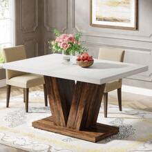 LITTLE TREE 47-Inch Dining Table For 4, Modern White Rectangular Dinner Table Kitchen Table For Home, Dining Room - Black+Oak - View 2