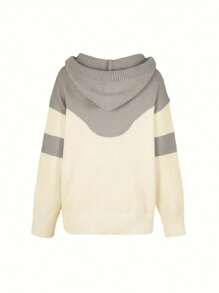 Sudadera de punto con capucha y cordón, diseño de bloques de color, talla grande, manga larga, sudadera tipo pullover con bolsillos, prenda casual y cálida para otoño, invierno y primavera - Gris - Ver 6