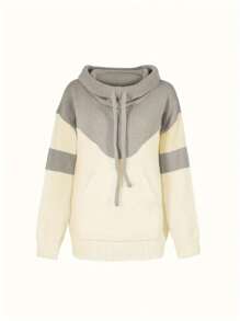 Sudadera de punto con capucha y cordón, diseño de bloques de color, talla grande, manga larga, sudadera tipo pullover con bolsillos, prenda casual y cálida para otoño, invierno y primavera - Gris - Ver 5