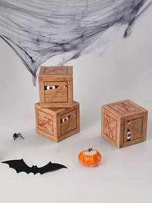 10pcs Halloween Trick Or Treat Candy Boxes Paper Gift Packaging With Spooky Eye Design For Holiday Party Favors - Foldable Wood Grain Pattern Treat Containers - Multicolor - View 7