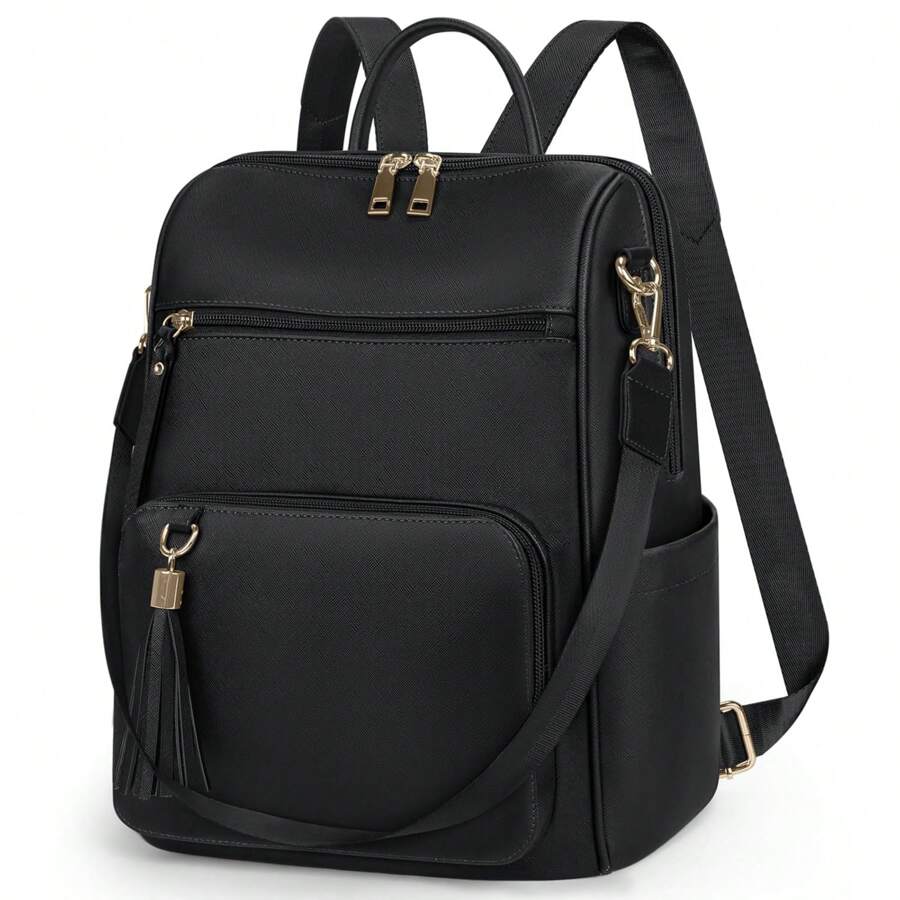 Backpack Purse For Women Leather Travel Backpack Purse Waterproof Anti Theft Fashion Small Casual Daypacks Mini Backpack Purse Ladies Convertible Shoulder Bag Travel Bag With Tassel, School Backpack - Black - View 1