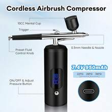 带空气压缩机的 LCD 喷枪套件、带软管的 3 档压力无绳喷枪机、38PSI 便携式喷枪喷枪，适用于绘画艺术、理发、模型、蛋糕 - 數顯3擋黑幫浦+噴筆+2壺+刷+管 - 查看 4