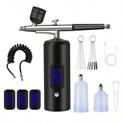 LCD Airbrush Kit, Includes Air Compressor, 3-Speed Wireless Airbrush Gun With Hose, 38PSI Portable Airbrush Suitable For Painting, Hairstyling, Model Making, Cake Decorating And More