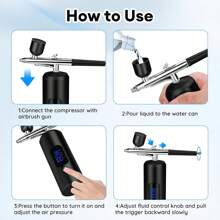带空气压缩机的 LCD 喷枪套件、带软管的 3 档压力无绳喷枪机、38PSI 便携式喷枪喷枪，适用于绘画艺术、理发、模型、蛋糕 - 數顯3擋黑幫浦+噴筆+2壺+刷+管 - 查看 6