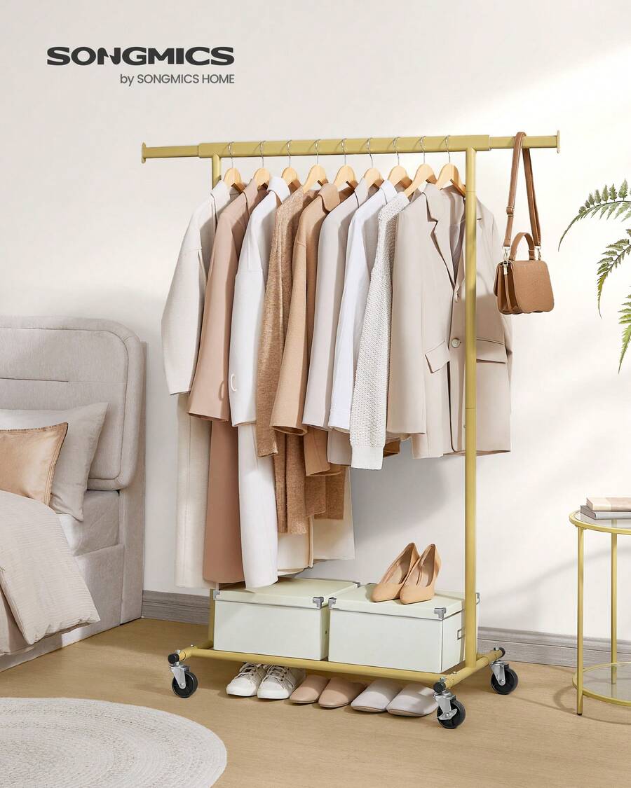 SONGMICS Clothes Rack On Wheels, Heavy Duty Clothes Rail, With Extendable Hanging Rail, 90 Kg Load Capacity, Easy Assembly, Portable, Pale Gold, Grey - Gold - View 1