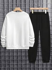 2pcs Men Autumn New Letter Print Sweatshirt And Drawstring Waist Pants Set - White - View 3