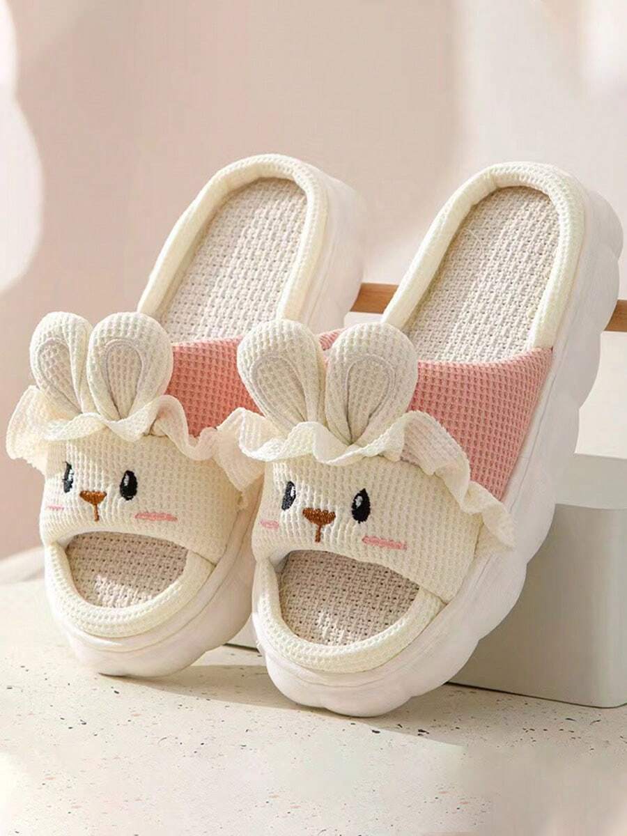Pantuflas de animales de dibujos animados suaves, cómodas e informales para mujer - Blanco y Rosa - Ver 1