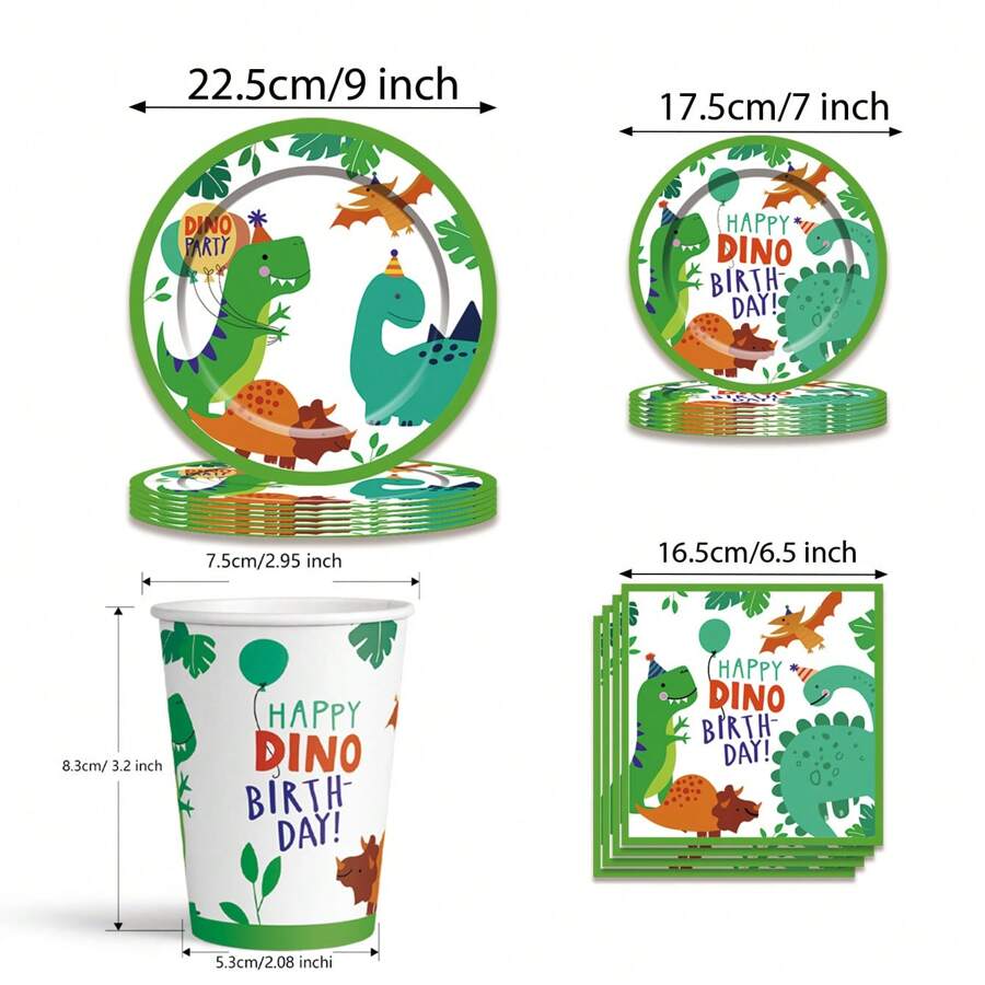 80pcs/Set Dinosaur Theme Disposable Party Supply Set, Including 9"/7" Paper Plates, Cute Dinosaur Print Cups, Napkins For Birthday Party, Cups For Beverage/Coffee - Multicolor - View 1