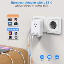 JcBlaon European Travel Plug Adapter USB C, International Plug Adapter With 4 AC Outlets And 3 USB Ports, Type C Power Adaptor Charger For US To Most Of Europe Iceland Spain Italy France Germany