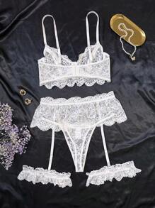4 件套性感白色蕾丝花朵镂空女士内衣套装，性感制服，适合情人节、夜总会、卧室、狂欢、外出 - 白色 - 查看 3