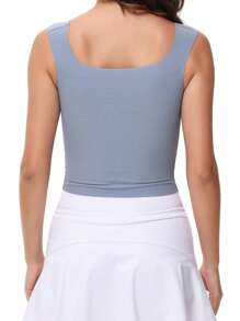 Women's Tight Fitted Widened Square Neck Tank Top With Built-In Bra Pads Sleeveless Air Touch Fabric - Dusty Blue - View 4