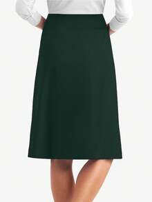 女士纯色抽绳口袋齐膝磨砂裙，制服下装 - 墨綠色 - 查看 2