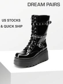 DREAM PAIRS Women's Platform Mid-Calf Boots Cyberpunk Combat Style Multiple Buckle Straps Round Toe Side Zipper Anti-Slip Thick Heel Outdoor Halloween Chunky Heel  Music Festival Party Black Boots - 黑色 - 查看 3