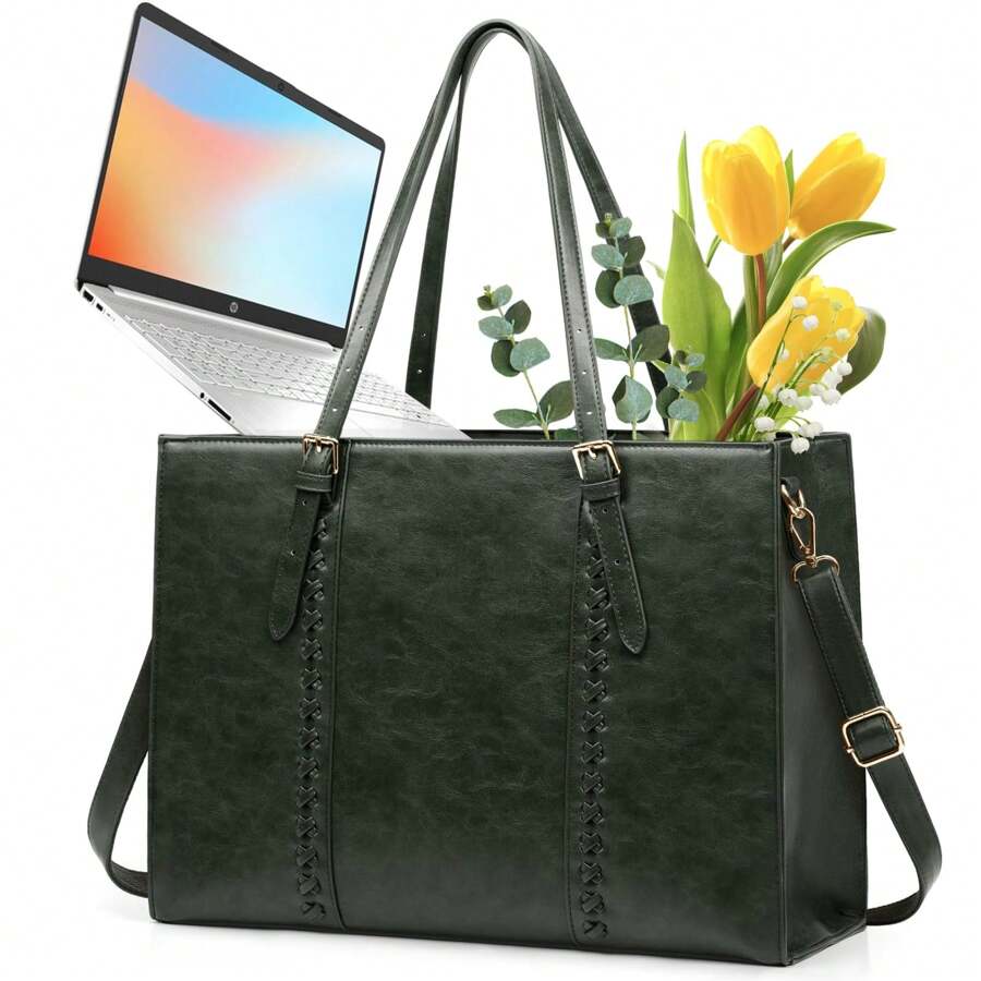 Laptop Bag For Women 15.6 Inch Leather Waterproof Computer Work Bags Large Laptop Tote Bag Professional Business Office Briefcase Women Lightweight Shoulder Handbags - 軍綠色 - 查看 1