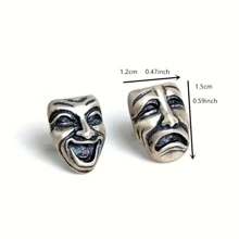1 Pair Vintage Silver Punk Earrings, Gothic Style  & Frown Face Ear Studs For Unisex Daily Wear And Party Jewelry Accessories Gift - Antique Silver - View 4