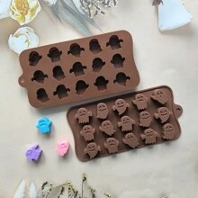 1 件硅胶 15 腔南瓜鬼形巧克力模具、DIY 糖果布丁模具、不粘易脱冰块托盘，适用于万圣节派对用品万圣节派对 - 巧克力色 - 查看 1