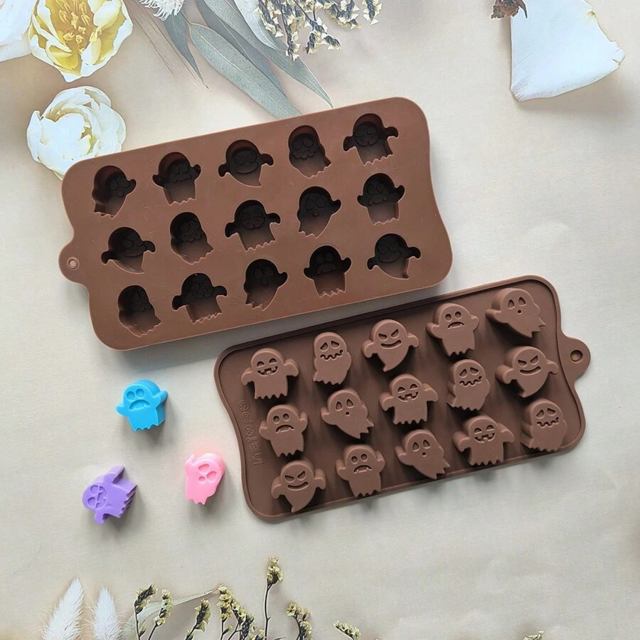 1 件硅胶 15 腔南瓜鬼形巧克力模具、DIY 糖果布丁模具、不粘易脱冰块托盘,适用于万圣节派对用品万圣节派对 - 巧克力色 - 查看 1