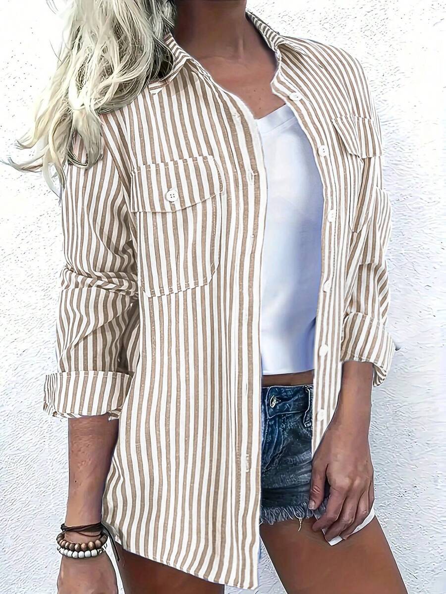 New Arrival Women's Striped Button-Front Long-Sleeve Shirt - Soft  Blend, Double Pockets, Sleeve Loops, Machine Washable - Casual Commuting And Weekend Wear In All Seasons - Suitable For Spring And Autumn Casual Wear - Apricot - View 1