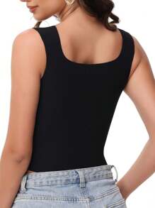 Women's Tight Fitted Widened Square Neck Tank Top With Built-In Bra Pads Sleeveless Air Touch Fabric - 黑色 - 查看 5