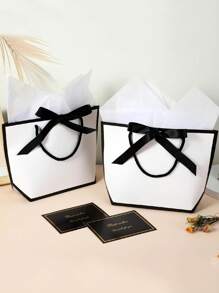 10pcs-Bowknot Decor Tote Bag, White Large Capacity Paper Handbag,Party Gift Decoration, For Halloween, Thanksgiving, Christmas, New Year, Wedding Bridesmaid Proposal Handbag, Birthday, Gifts, Simple Solid Color Shopping Bag, Bakery Packing Bag, Small Business Supplies,Black White Gift Handbag With Ribbon,DIY Making, Beauty Storage,Christmas