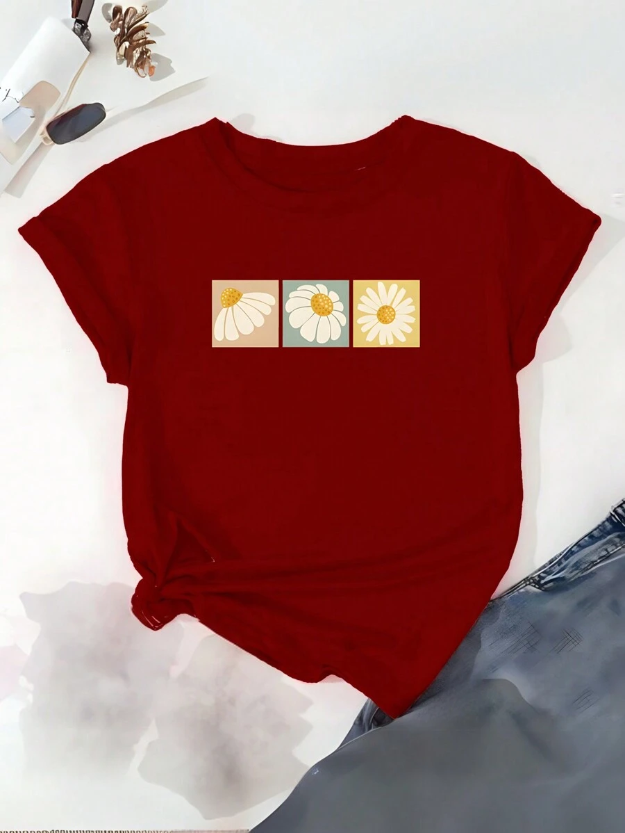 Women's Blouse Tshirt Daisies Flowers Cotton T-Shirt Fashion Style Woman Launch - Màu Tím - Xem 1