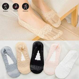 Sports Outdoor 1-5pairs Multicolor Thin Non-Slip Outdoor Sports Lace Boat Socks With Silicon Heel-Grips And Lace Toe Covers For Women, Spring/Summer/Autumn