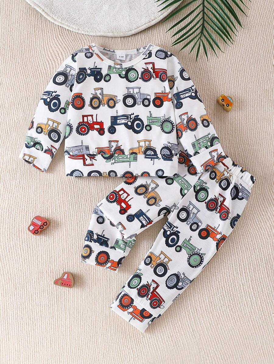 Baby Boy Cartoon Car Print Long Sleeve Top And Pants Set