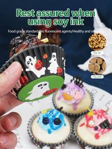 100 件南瓜鬼印花万圣节主题纸杯蛋糕衬垫烘焙杯防油松饼盒适用于生日派对万圣节派对 - 彩色 - 查看 4