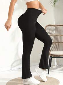 Quần ống loe cạp cao màu trơn, quần legging thể thao yoga co giãn cao, đồ thể thao dành cho nữ - màu đen - Xem 5