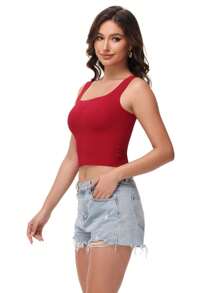 Women's Tight Fitted Widened Square Neck Tank Top With Built-In Bra Pads Sleeveless Air Touch Fabric - 酒紅色 - 查看 6