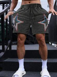 Shorts Esportivos Casuais Masculinos com Estampa Bordada de Estrela Colorida Desbotada