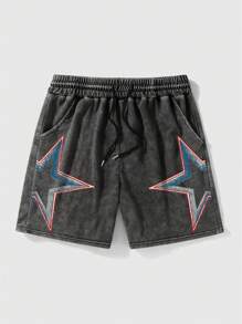 Shorts Esportivos Casuais Masculinos com Estampa Bordada de Estrela Colorida Desbotada