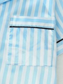 2pcs Satin Women Sleepwear Set Featuring Short Sleeve Polo Collar Top And Striped Bow-Tie Shorts Pajama Set, Summer, Two Pieces Set, Cool Light Blue - Màu xanh lam - Xem 4