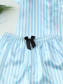 2pcs Satin Women Sleepwear Set Featuring Short Sleeve Polo Collar Top And Striped Bow-Tie Shorts Pajama Set, Summer, Two Pieces Set, Cool Light Blue - Màu xanh lam - Xem 5